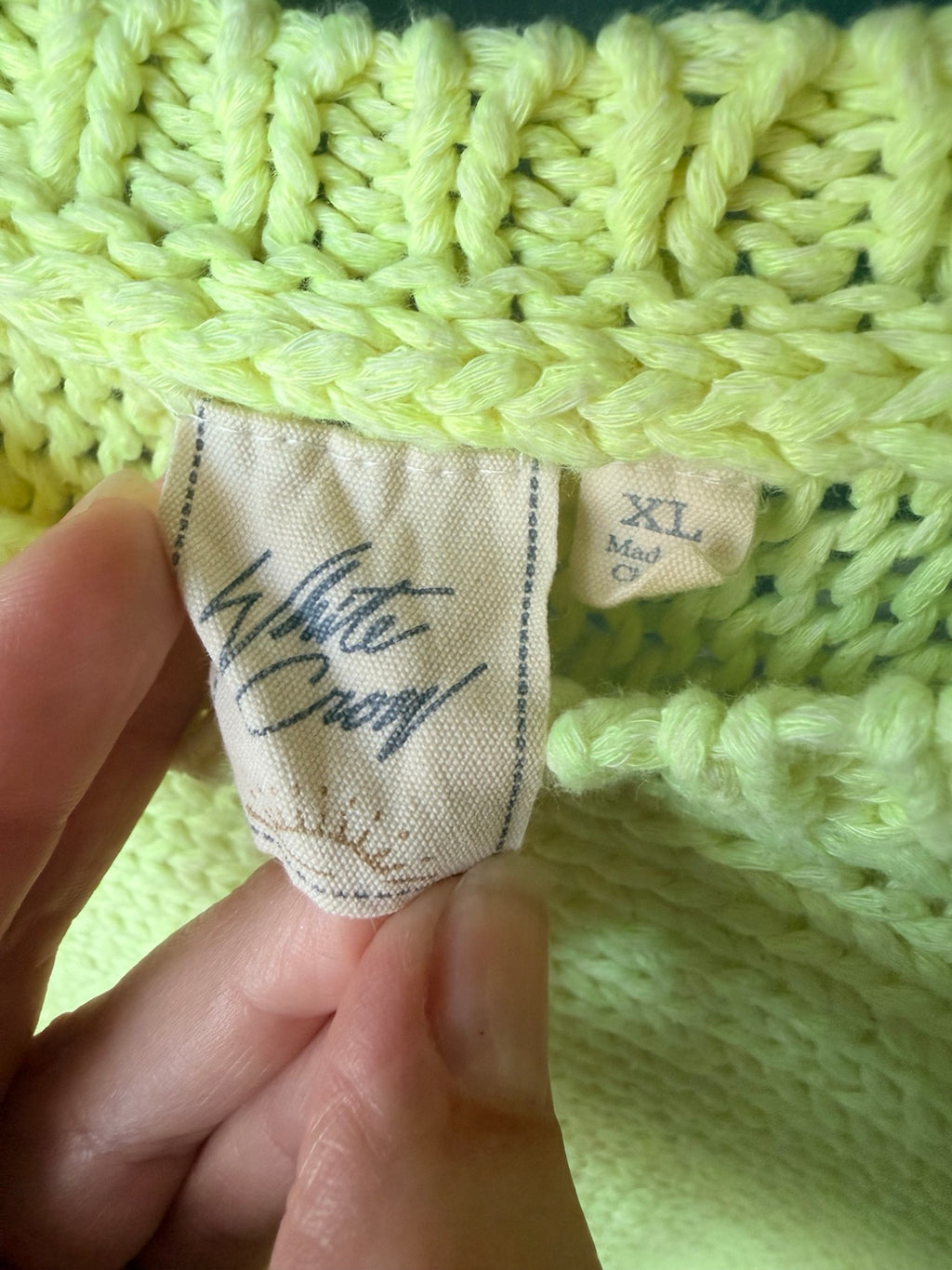 White Crow lime green sweater size XL label